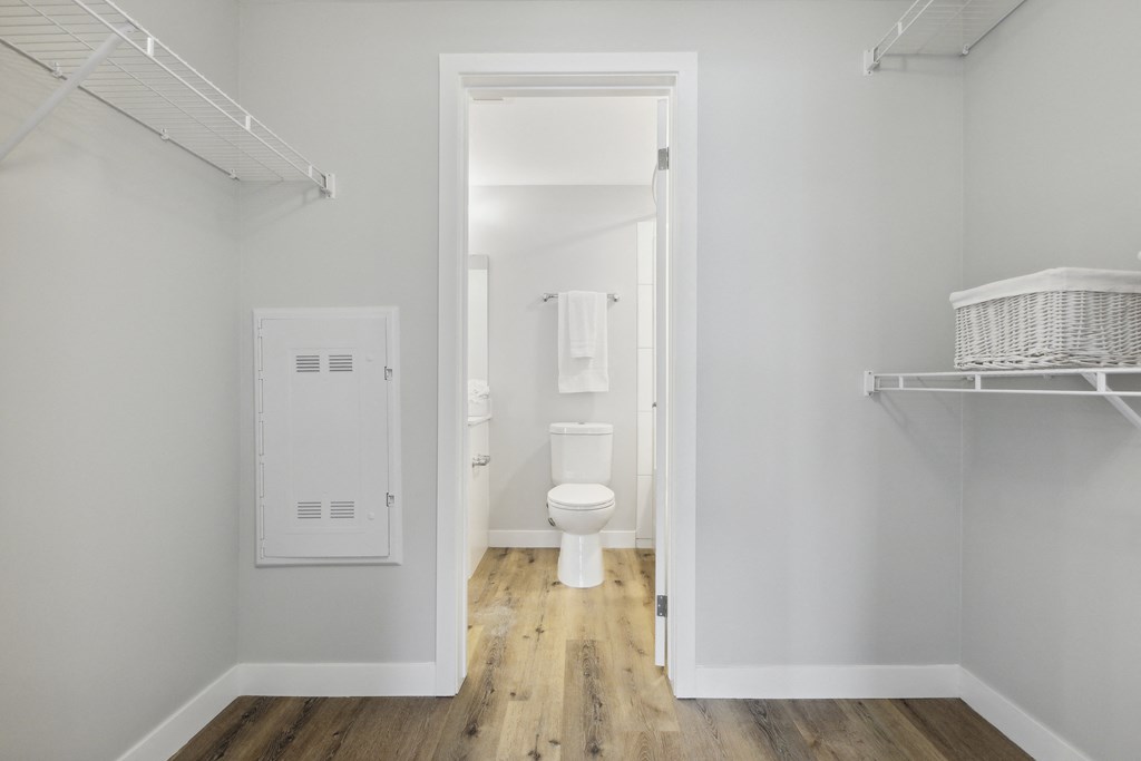 a white bathroom with a toilet and a closet