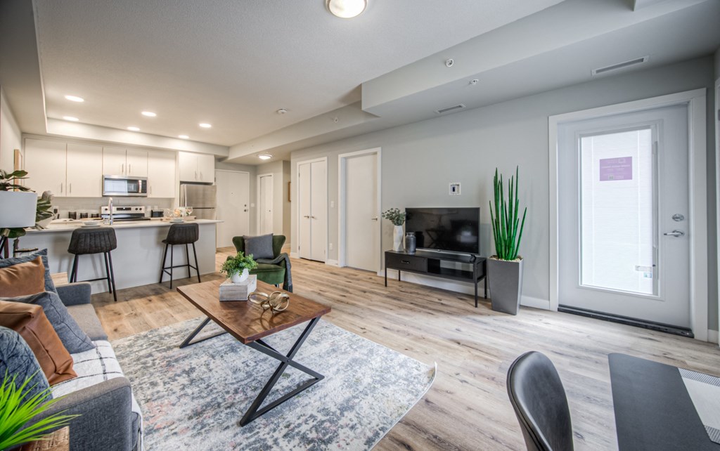 a living room with a couch coffee table and a television