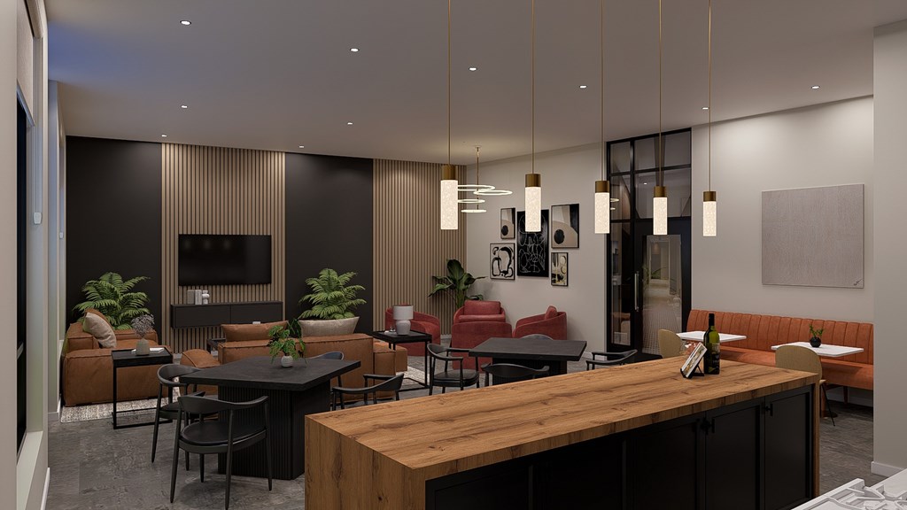 A modern dining area with a wooden table and chairs.