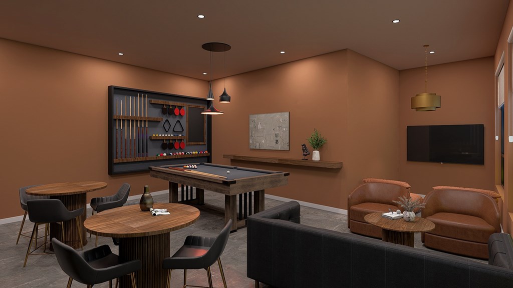 A room with a pool table and a couch.