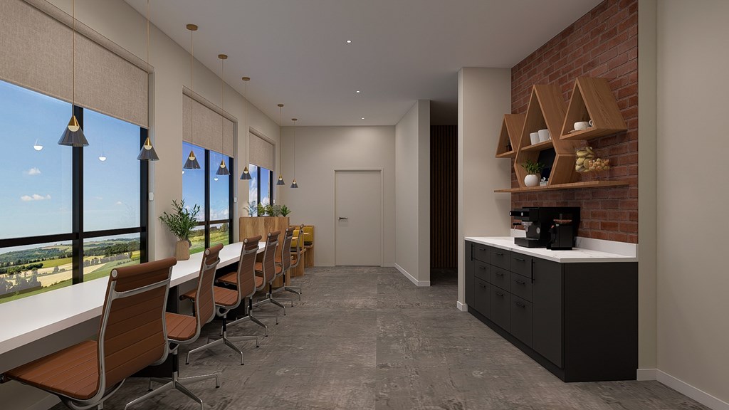 A conference room with a long table and chairs, a brick wall, and a view of the city.