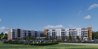 a rendering of an apartment complex with a blue sky in the background