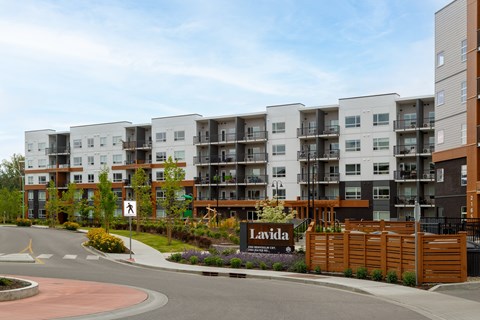 Apartment complex named "Lavida" with a gated entrance.