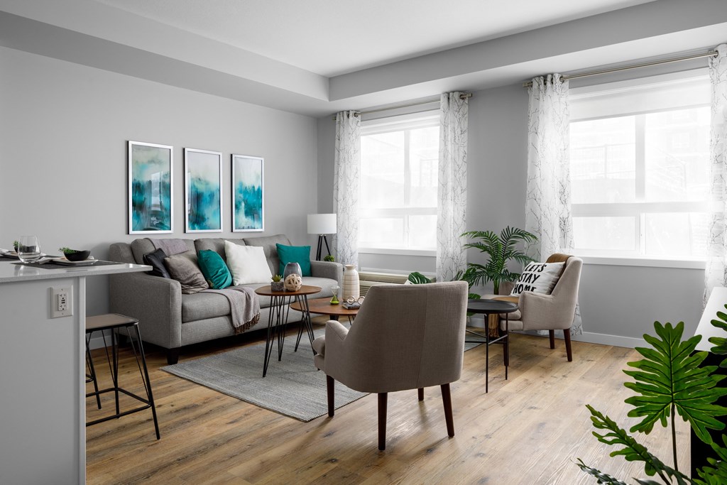 a living room with gray walls and a hardwood floor