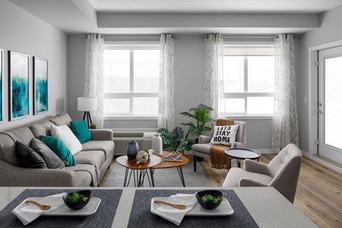 A modern living room with a grey sofa, a coffee table, and a dining table with chairs.