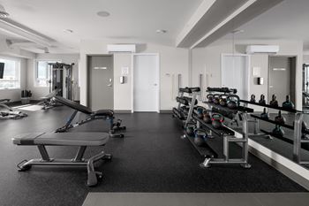 a large fitness room with cardio equipment and weights