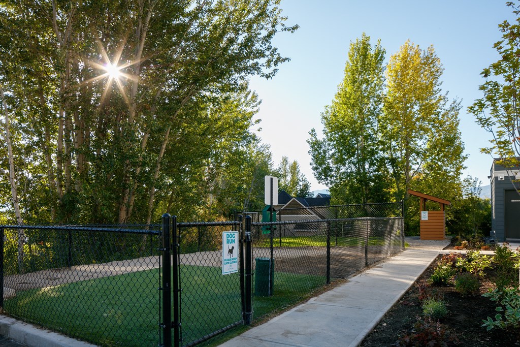 a fenced in dog park with a house and trees in the background