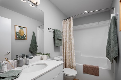 a bathroom with a shower curtain and a sink and a toilet