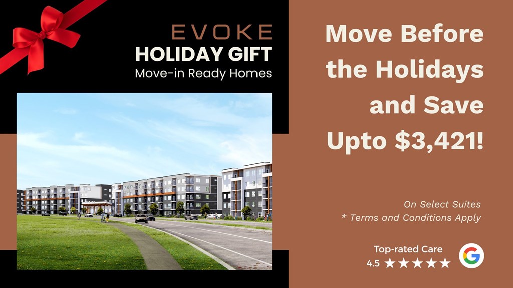 A promotional image for Evoke Holiday Gift offering move-in ready homes with a savings of up to $3,421.