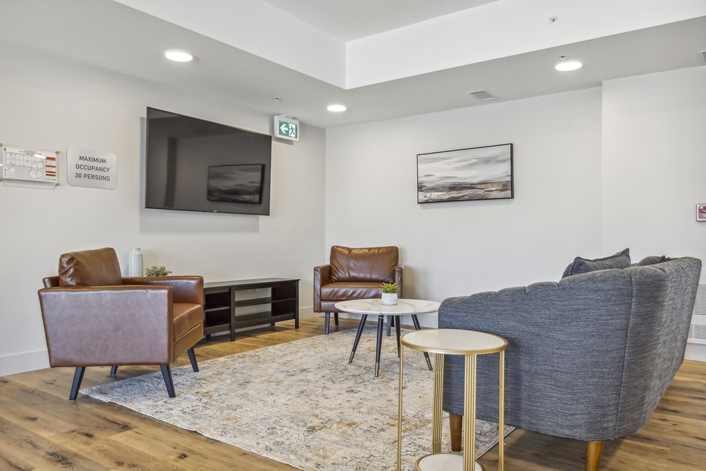 Community amenity lounge with a couch and chairs and a tv