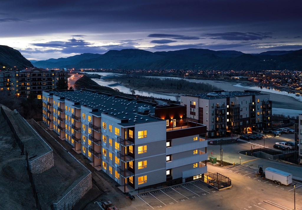 a view of a building from above at night