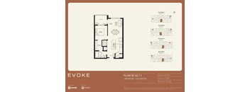 A floor plan for an apartment named EVOKE, detailing the layout of the interior and exterior spaces.