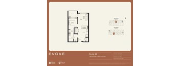 A floor plan for a property named EVOKE shows a living room, dining room, kitchen, and two bathrooms.