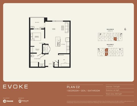 A floor plan for a property named EVOKE shows a bedroom, a den, a bathroom, and a living room.