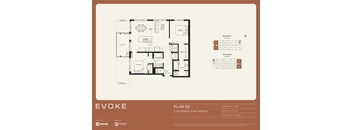 A floor plan for a property named EVOKE shows two bedrooms and two bathrooms.