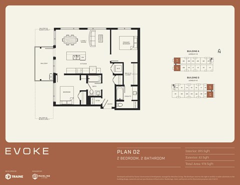 A floor plan for a property named EVOKE shows two bedrooms and two bathrooms.