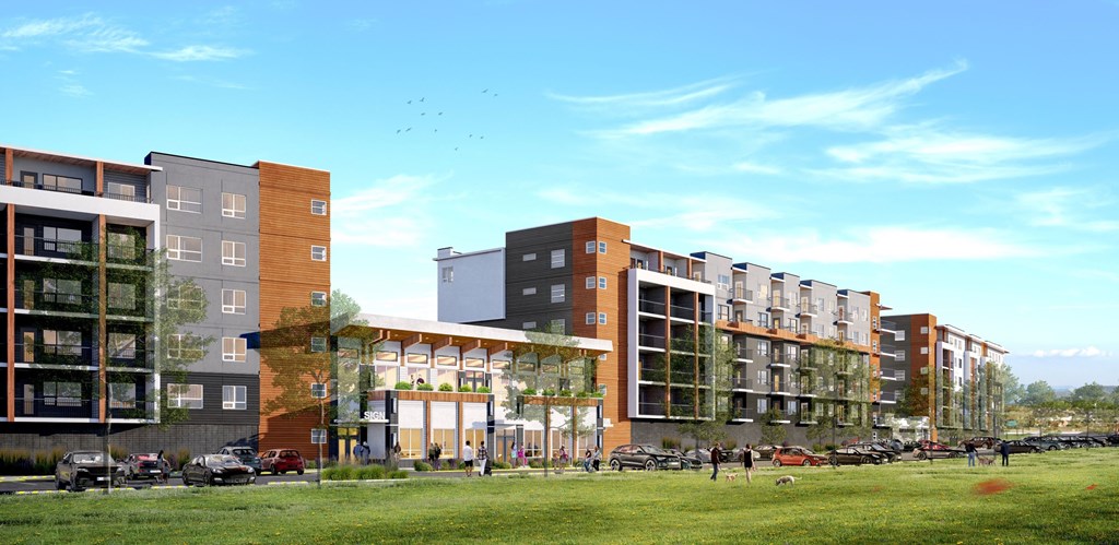 A row of modern apartment buildings are shown in the image.