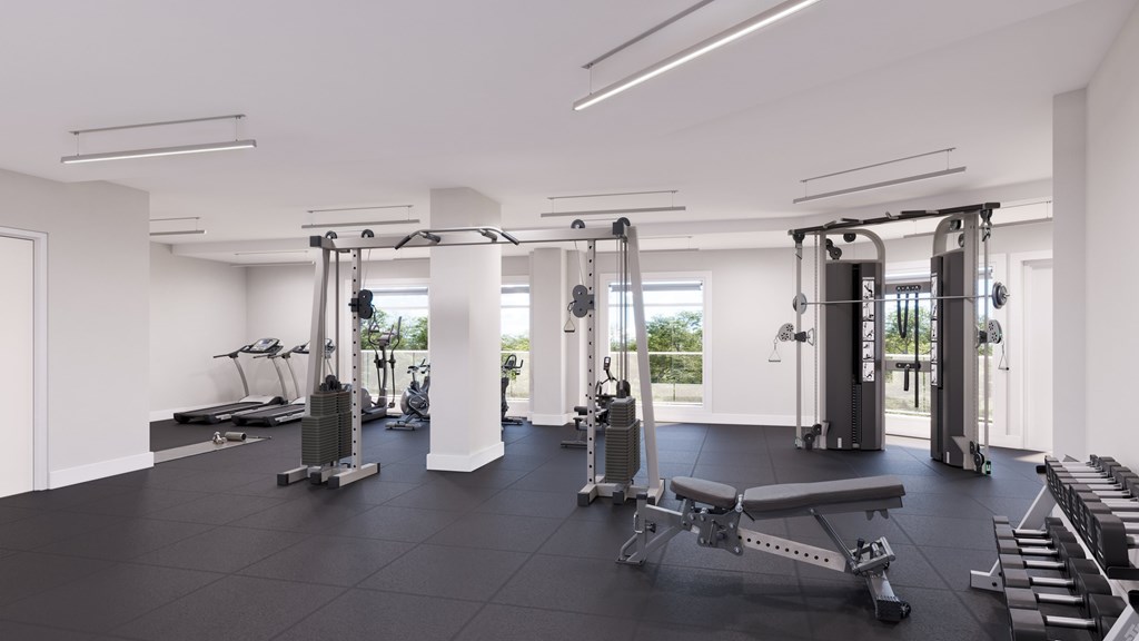 A spacious gym with a variety of equipment including treadmills, weights, and benches.