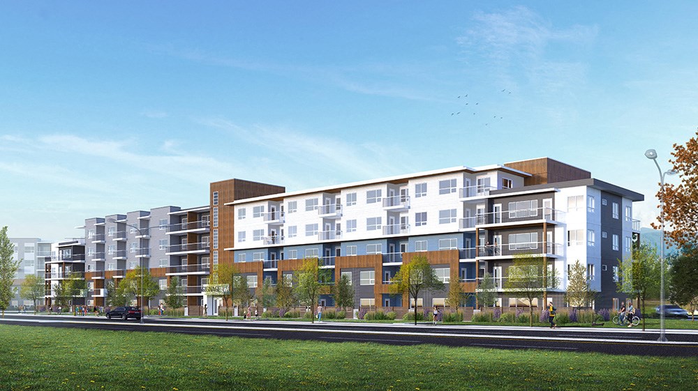 a rendering of an apartment building on a city street