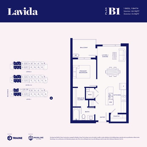 A blueprint of apartment B1 with a detailed floor plan.