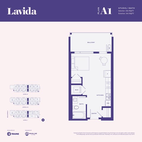 A floor plan for a studio apartment with a balcony, kitchen, and bathroom.