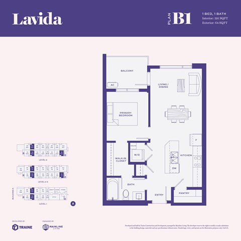 A floor plan for a 1 bedroom, 1 bath apartment with a balcony, living/dining area, kitchen, bathroom, and pantry.