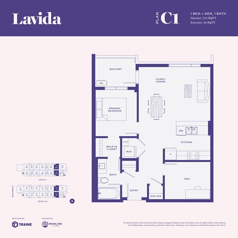 A floor plan for a one bedroom, one bath apartment with a living/dining area, kitchen, and bathroom.