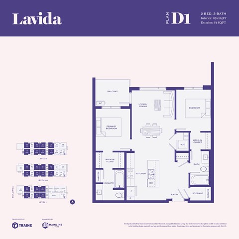 A floor plan for a 2 bedroom, 2 bathroom apartment with a balcony.