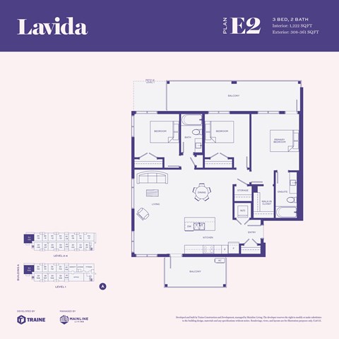 A floor plan for a property named Lavida, Plan E2, showing a 3 bedroom, 2 bathroom interior with an exterior of 306-312 SQFT.