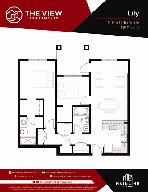 A floor plan for a 2 Bed Trailside apartment at The View Apartments.
