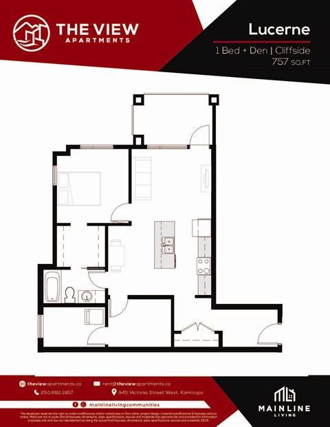 A floor plan for a 1 Bed + Den Cliffside apartment at The View Apartments.