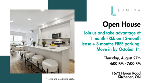 A modern kitchen with a bar area is showcased in a promotional image for an open house event.
