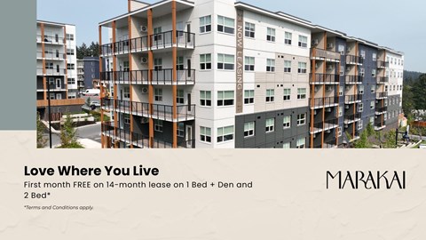 Apartment complex with a sign offering a free first month on a 14-month lease.