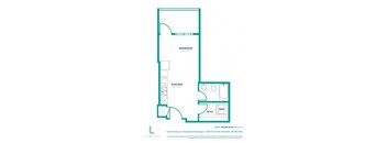 A floor plan for a studio suite with a bedroom, kitchen, and work area.