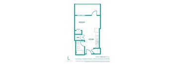 A floor plan of a studio suite with a bedroom, kitchen, and living area.