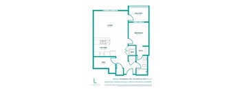 A floor plan of a one bedroom den with a kitchen and bathroom.