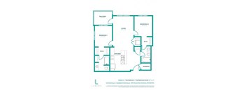A floor plan of a two bedroom, two bathroom suite.