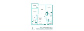 A floor plan of a two bedroom, two bathroom suite.