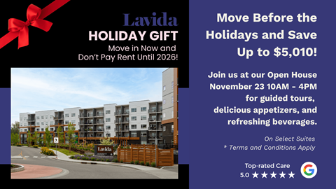 A promotional image for Lavida Holiday Gift offering savings on rent before holidays.