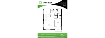 A floor plan for a Skygreen property shows a one bedroom den with a bathroom, a kitchen, and a living room with a dining area.