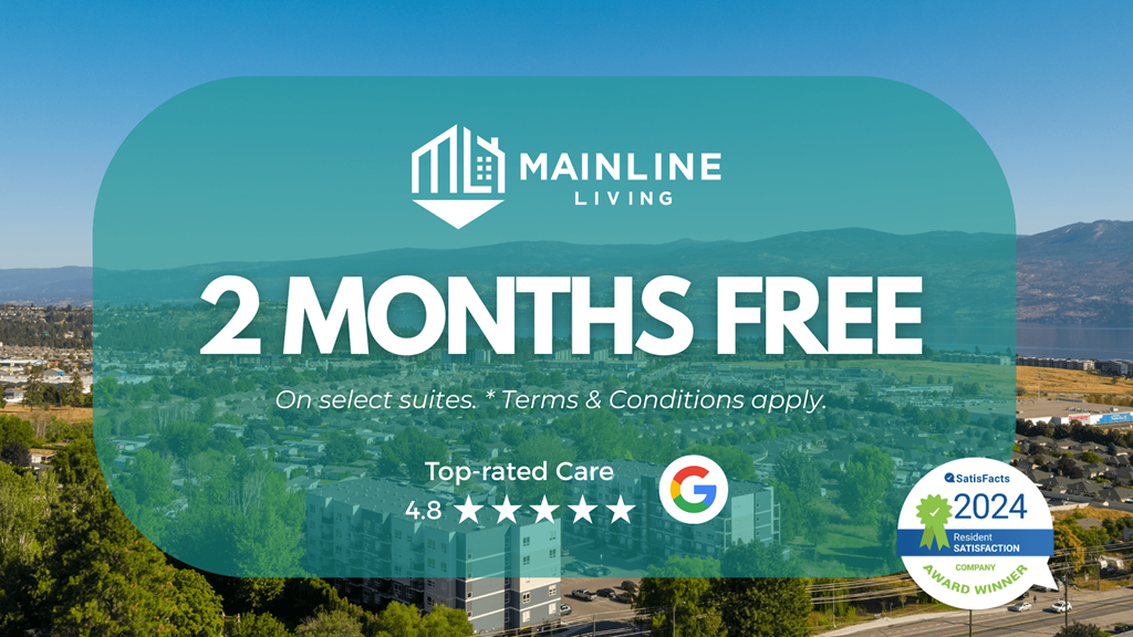 An advertisement for Mainline Living offers 2 months free on select suites with terms and conditions.