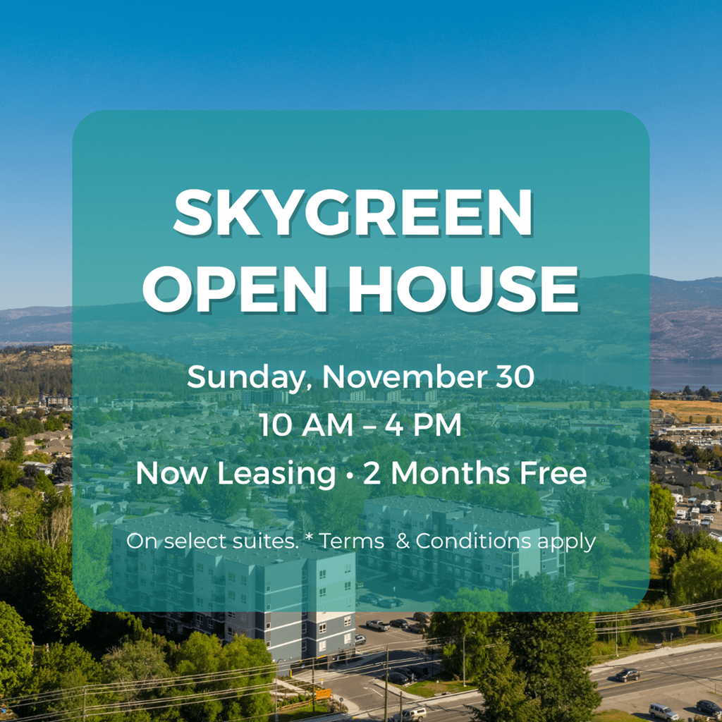 A promotional image for a Skygreen Open House event on Sunday, November 30 from 10 AM to 4 PM, offering now leasing with 2 months free on select suites, with terms and conditions applying.