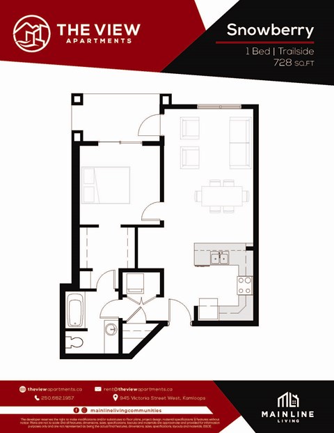 A floor plan for a 1 bedroom apartment at The View Apartments.