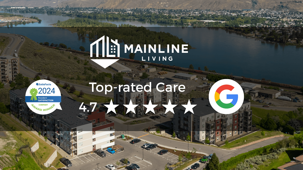 A building with the text "MAINLINE Living" and a rating of "Top-rated Care 4.7" is shown.