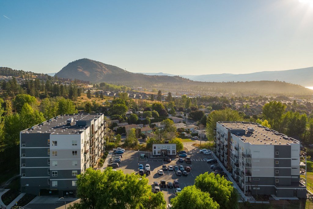 an aerial view of a city with a mountain in the background