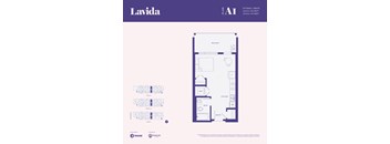 A floor plan for a studio apartment with a bath and kitchen.