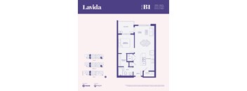A floor plan for a 1 bedroom, 1 bath apartment at Lavida.