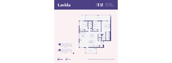 A floor plan for a 3 bedroom, 2 bathroom apartment at Lavida.