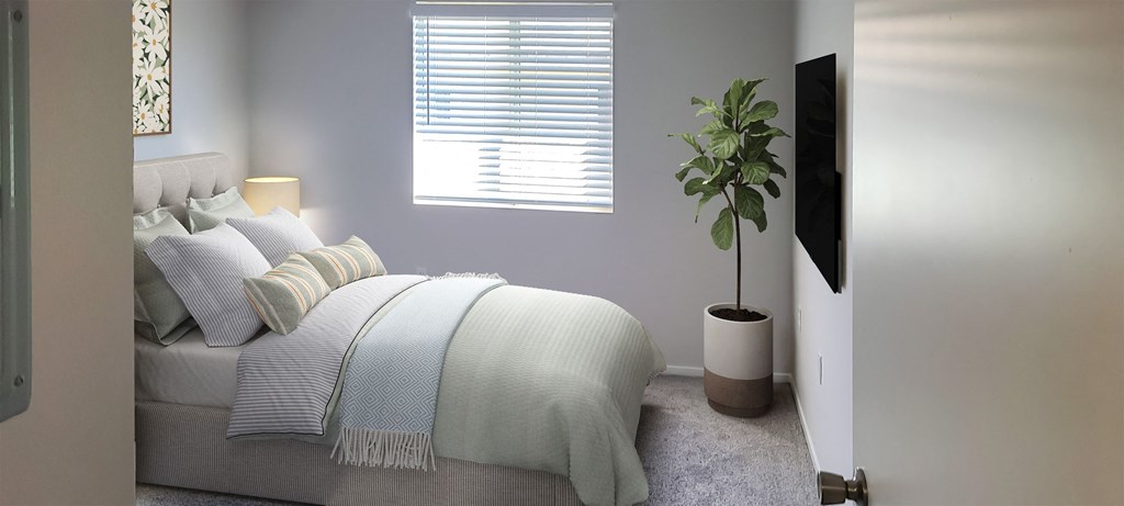 a bedroom with a bed and a window