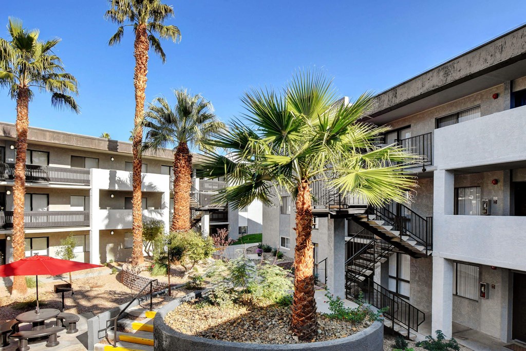 a view of a courtyard with palm trees in the middle at Evoq Apartment Homes, Nevada  